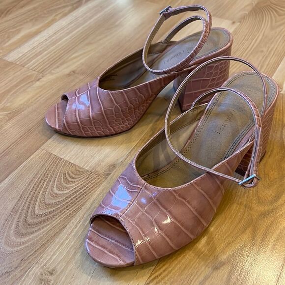 ASOS Pink Reptile Skin Peeptoe Block Heels Size 6 - Picture 1 of 6